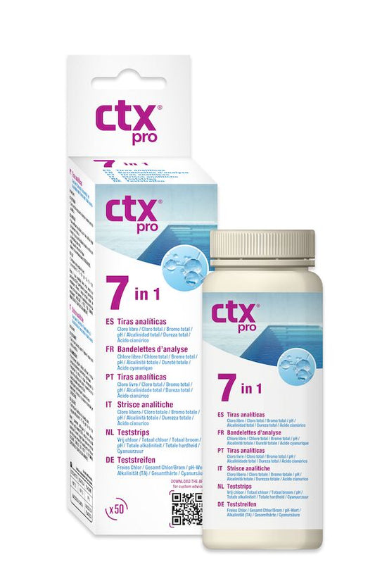 CTX 7 in 1Strisce analitiche per misurare Cloro libero / Cloro totale / Bromo totale / pH / Alcalinità totale / Durezza totale / Acido cianurico
